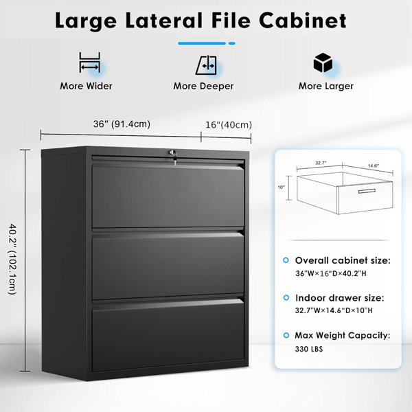 Inbox Zero 36'' Wide 3 -Drawer Steel Lateral Filing Cabinet u0026 Reviews |  Wayfair